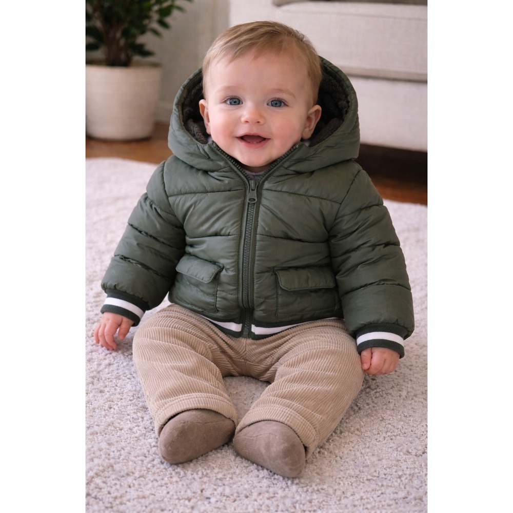 Little Me Baby Boy‎ Olive Green Sherpa Lined Hooded Puffer Jacket 12M Quilted
